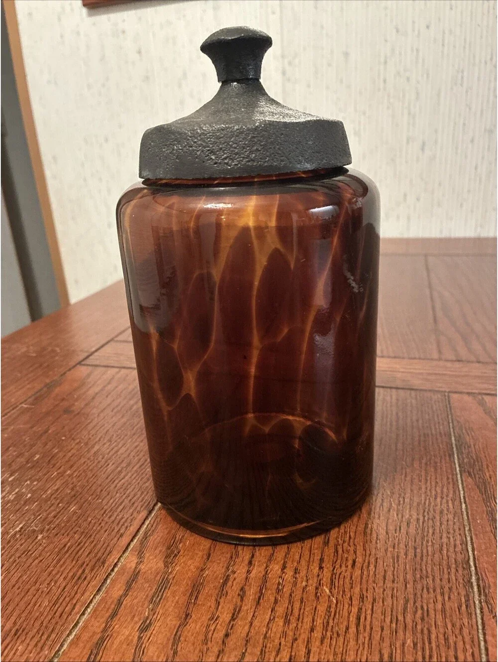 Tortoise Shell Apothecary Jar Glass Canister Metal Lid